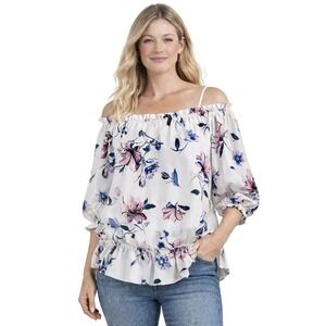 BCX Cold Shoulder Blouse Womens Large White Floral Peplum Balloon Sleeve Top